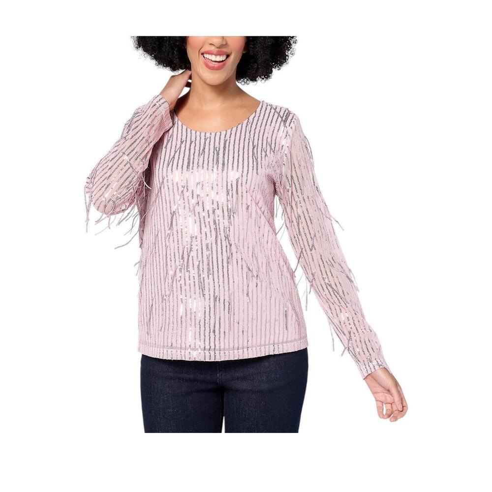 Attitudes by Renee Women's Drippy Sequin Long Slv Top Pink - Regular